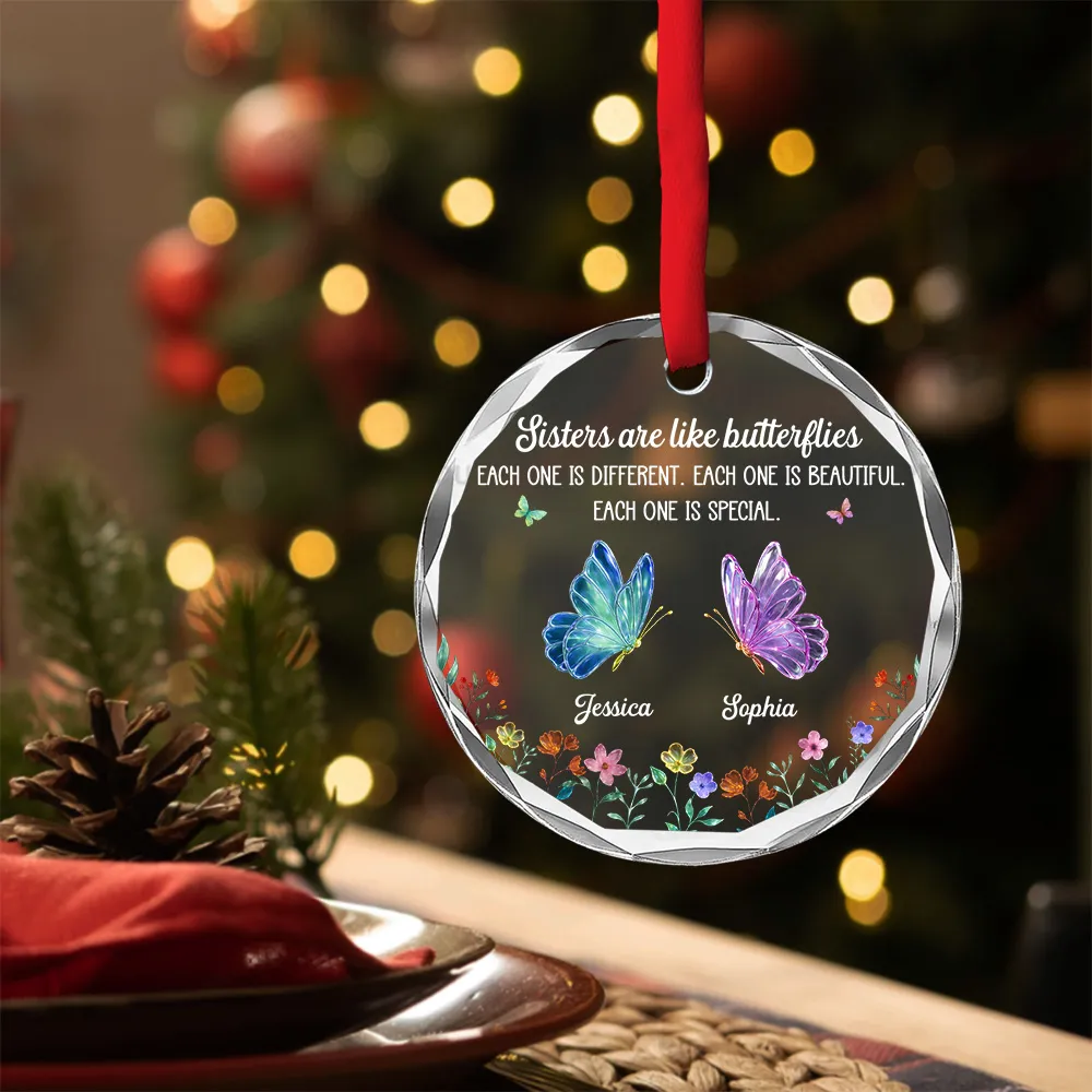 Festive Sister Love - Personalized Circle Glass Ornament - Christmas Gift For Besties, Sisters, Siblings