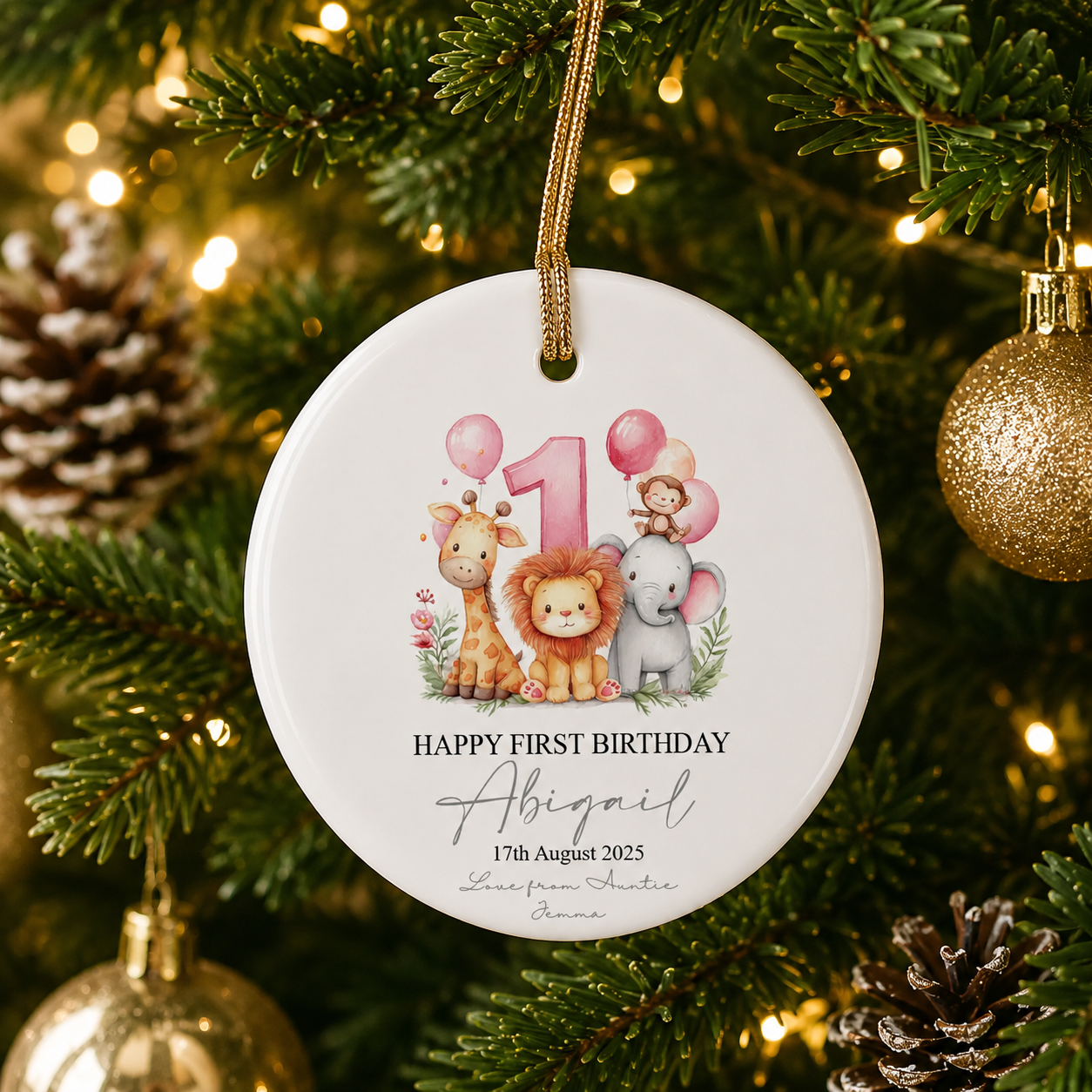 First Birthday With Safari Animals - Personalized Circle Ceramic Ornament - Babies First Christmas Gifts