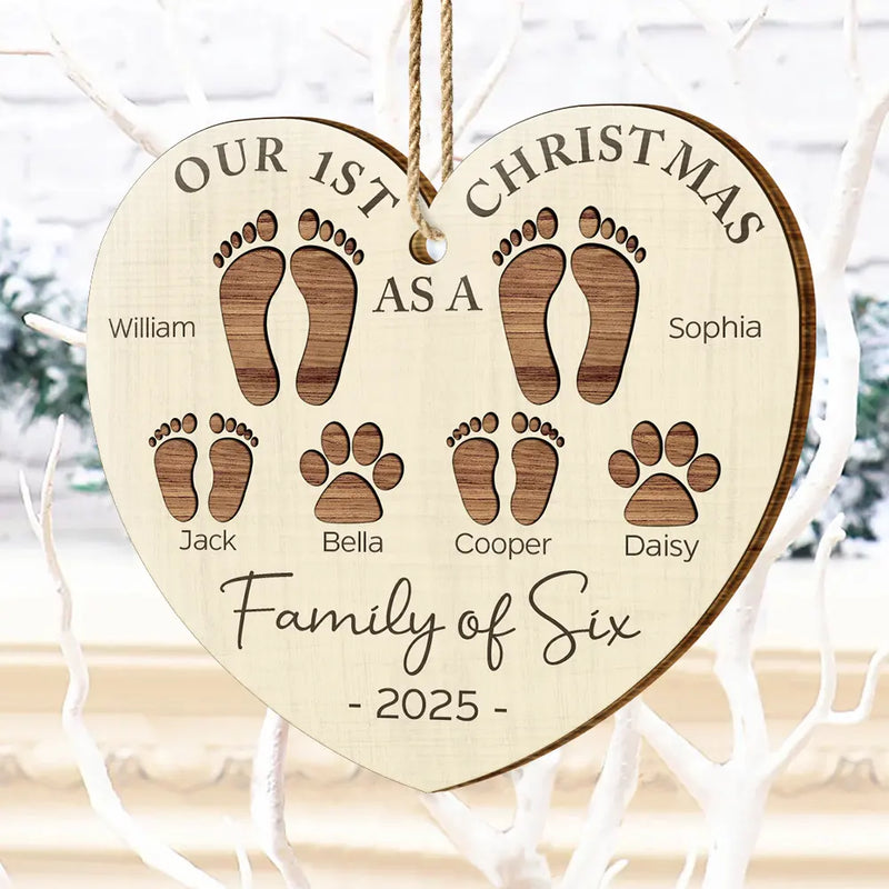 First Christmas As A Family Of Four Footprints - Personalized Wood Ornament - Babies 1st Christmas Gifts