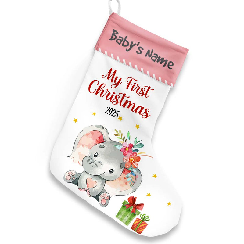 Elephant Baby First Christmas - Personalized Custom Christmas Stocking - Gift for New Infant, Baby Girl, Boy, Granddaughter, Grandson