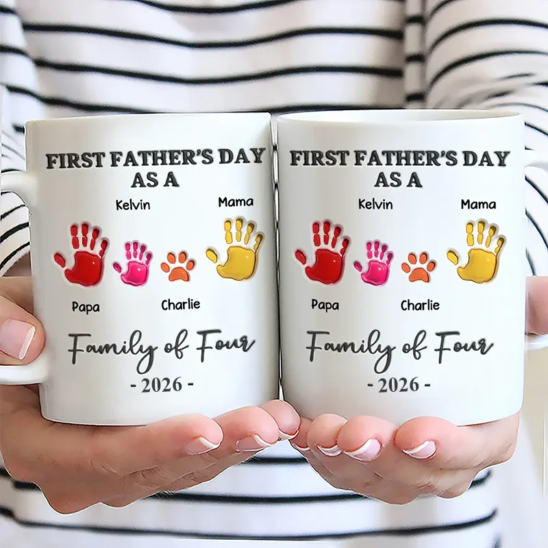 First Time Ever As A Family Of Three Handprints 3D Inflated Effect - Personalized Mug - Gift For New Dad, New Mom