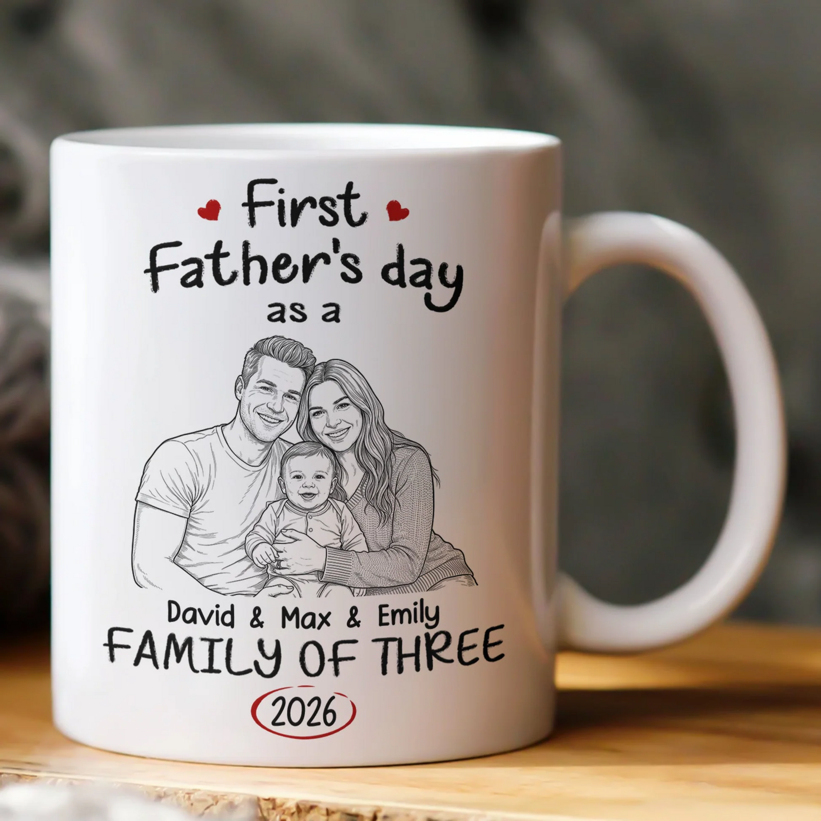 Custom Photo Sketch Line Art First Time Ever As A Family Of Three - Personalized Mug - First Father's Day Gift For New Dad, Daddy