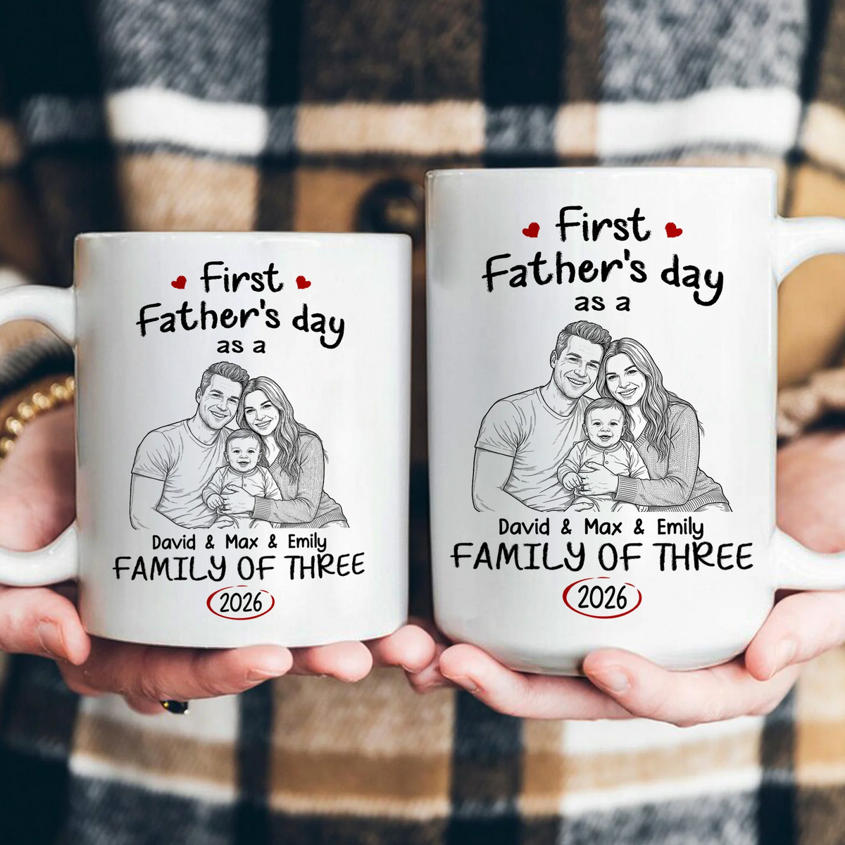 Custom Photo Sketch Line Art First Time Ever As A Family Of Three - Personalized Mug - First Father's Day Gift For New Dad, Daddy