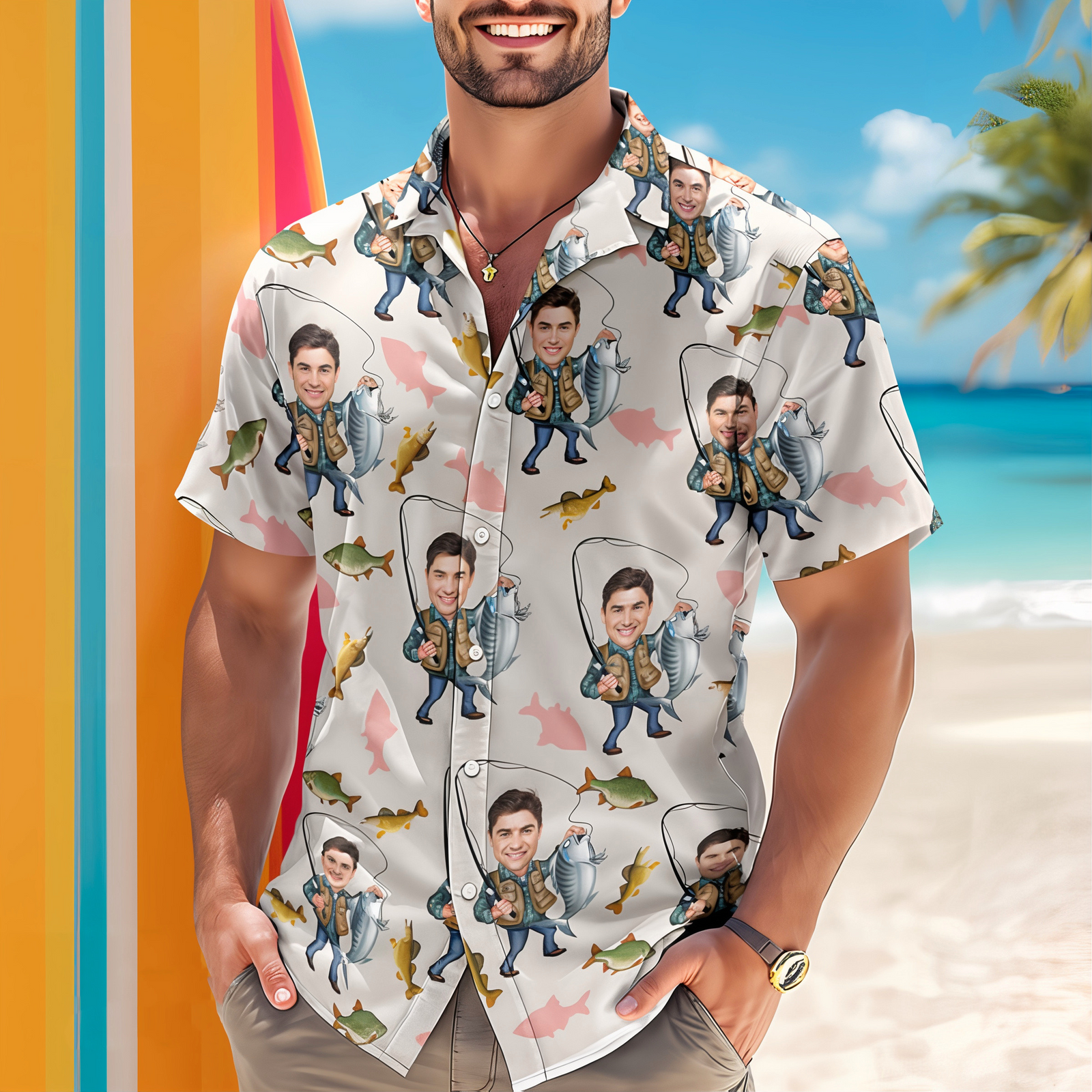 Custom Photo Human Face Bass Fishing Hawaii Shirt - Personalized Gifts for Fisherman, Fishing Lovers