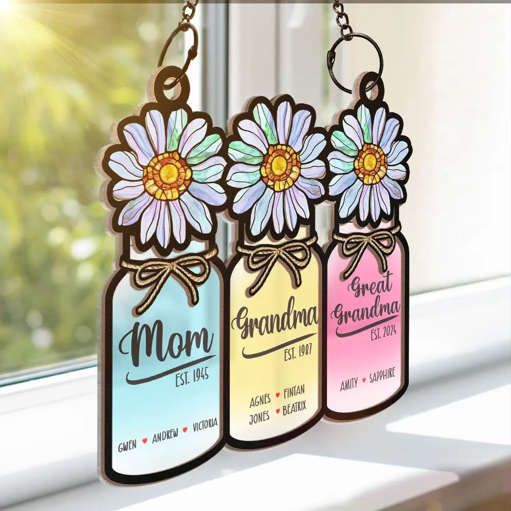 Flower Mason Jar Mom Grandma Great Grandma - Personalized Window Hanging Suncatcher Ornament - Gift For Mom, Mama, Mommy, Grandma