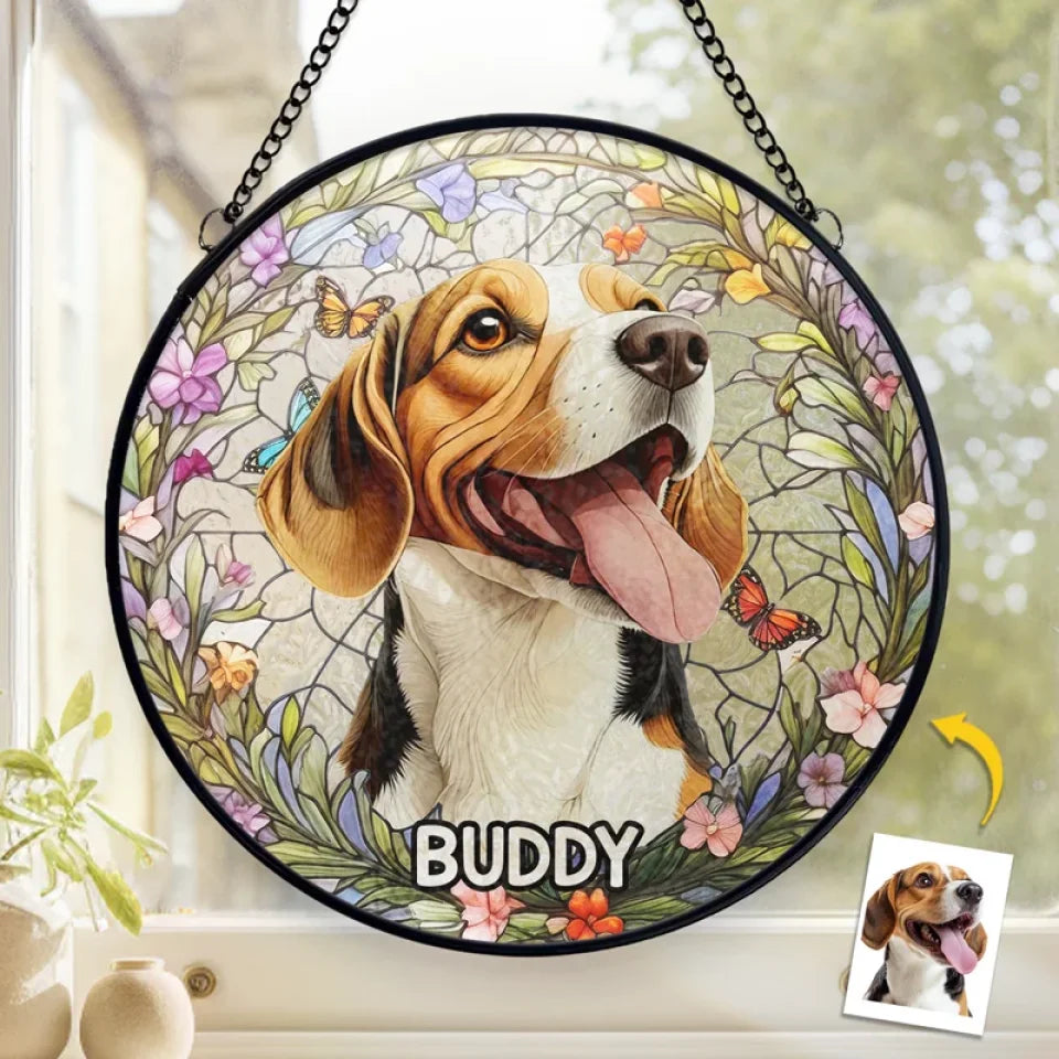 Custom Photo Forever In My Heart, Dear Friend - Personalized Stained Glass Window Hanging Suncatcher - Memorial Gift For Dog Lovers, Cat Lovers, Pet Lovers