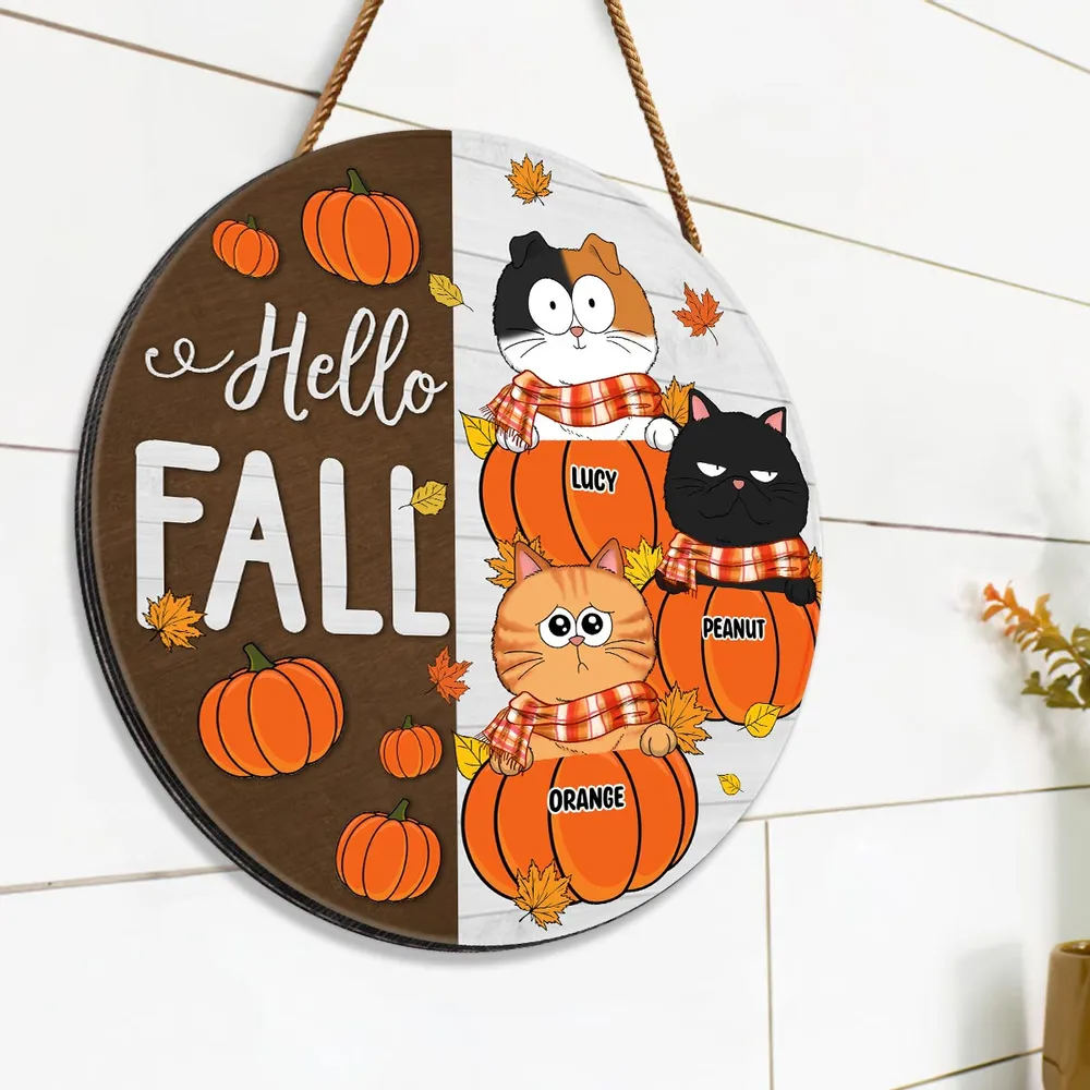 Funny Cats Hello Fall - Personalized Round Wood Sign - Gift for Cat Lovers, Cat Mom, Cat Dad