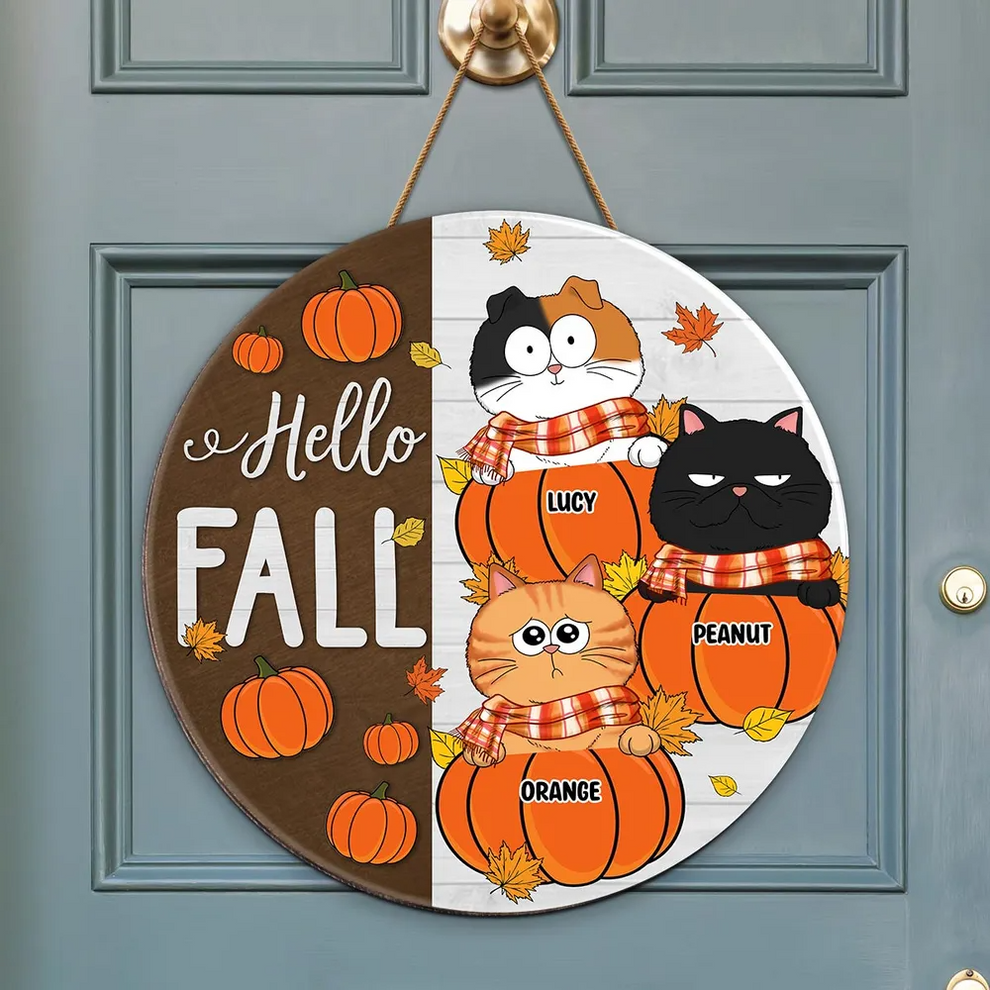 Funny Cats Hello Fall personalized round wood sign, main view