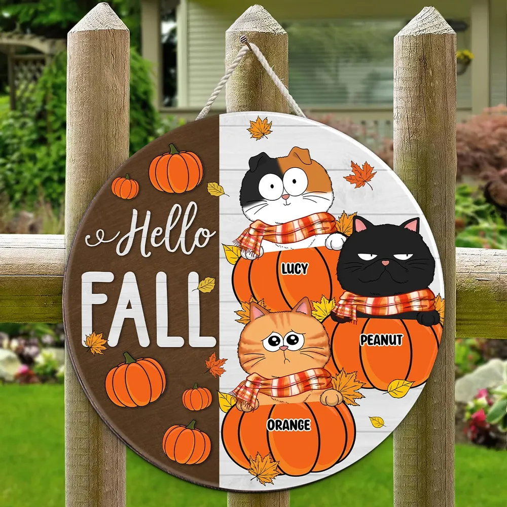 Funny Cats Hello Fall personalized round wood sign, alternate view 2