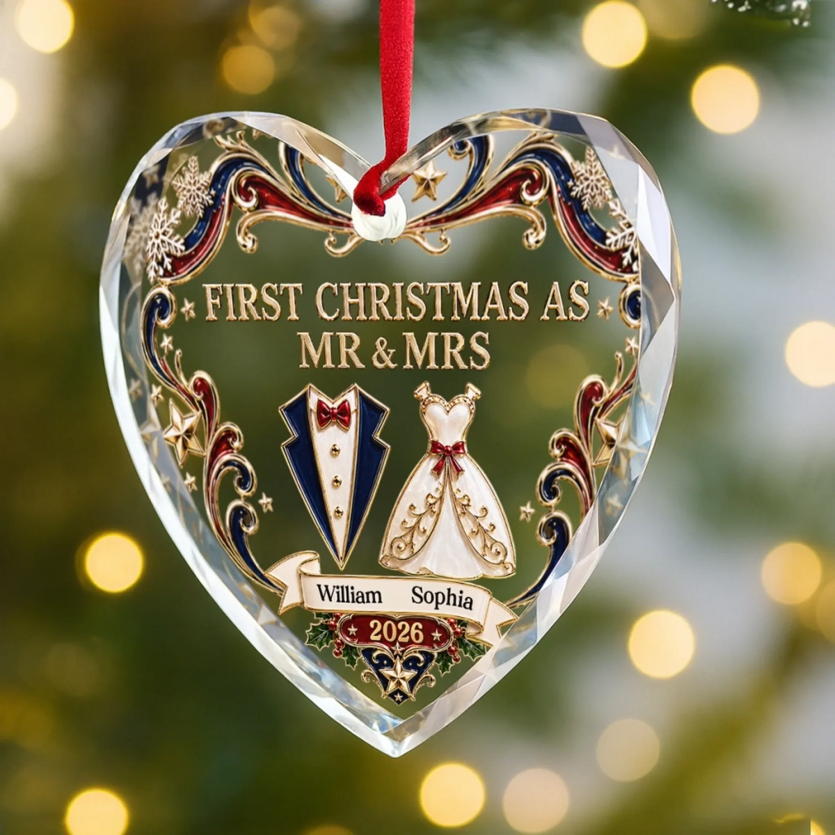 Gather Love Celebrate Couple Christmas - Personalized Glass Ornament - Engaged Newlywed 1st Xmas Gift for Her/Him, Husband/Wife, Couples
