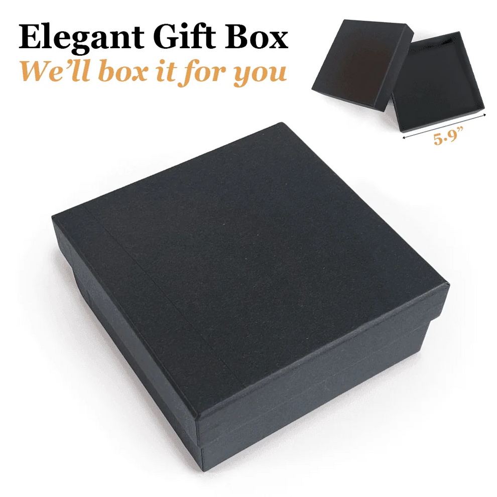 Black elegant gift box with lid and "We'll box it for you" note, for custom shaped wood ornament