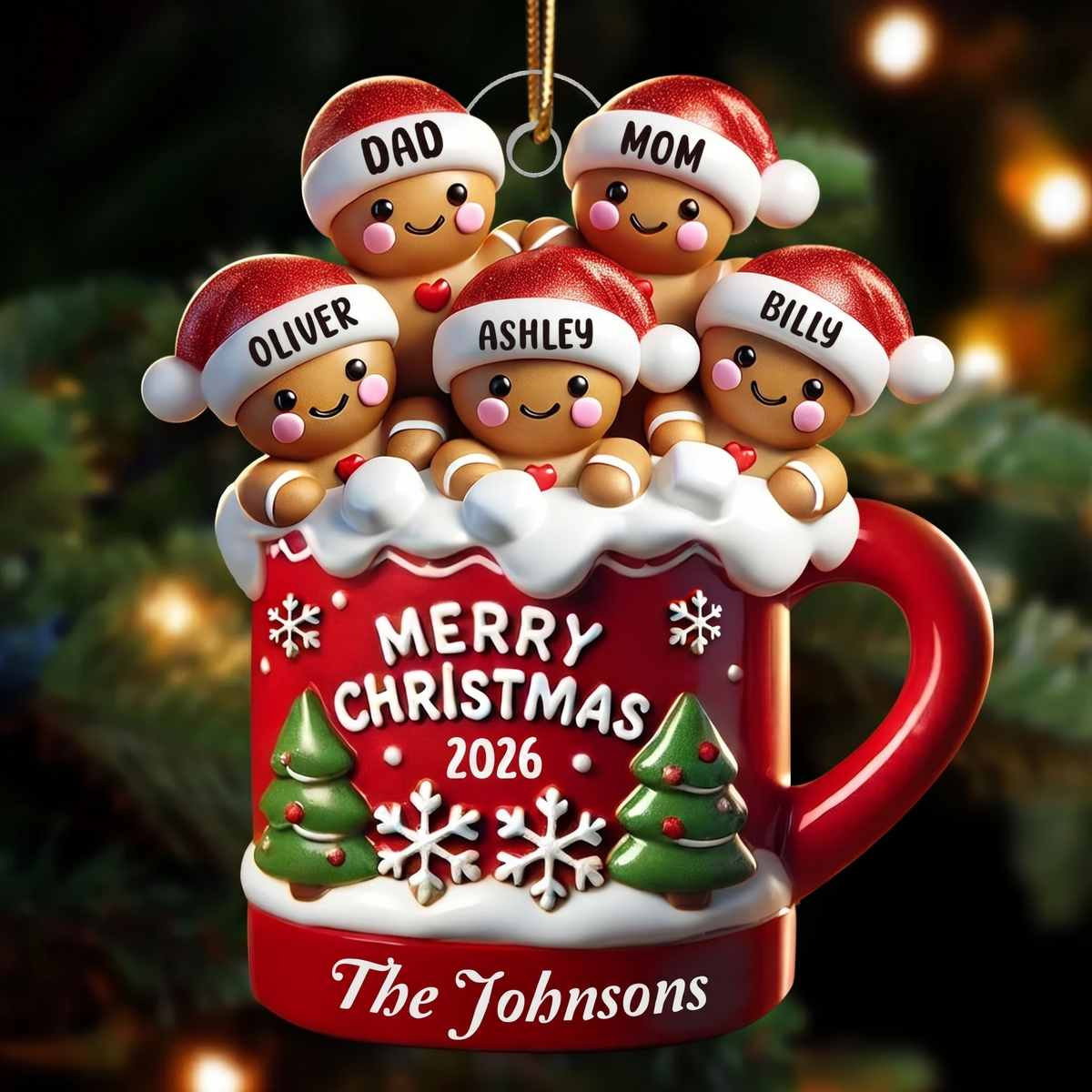 Gingerbread Family In Hot Cocoa Christmas - Personalized Custom Shaped Acrylic Ornament - Christmas Gifts For Family, Mom, Dad, Brother, Sister