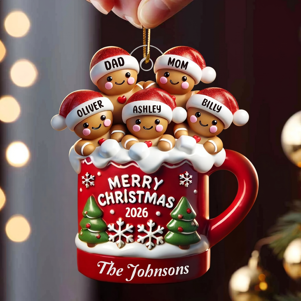 Gingerbread Family In Hot Cocoa Christmas - Personalized Custom Shaped Acrylic Ornament - Christmas Gifts For Family, Mom, Dad, Brother, Sister