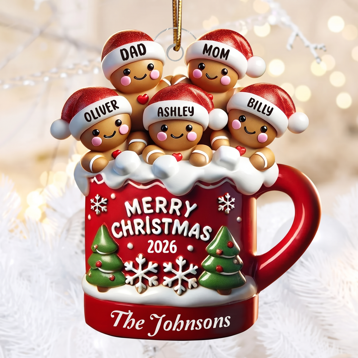 Gingerbread Family In Hot Cocoa Christmas - Personalized Custom Shaped Acrylic Ornament - Christmas Gifts For Family, Mom, Dad, Brother, Sister