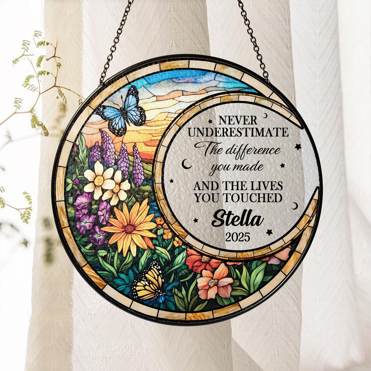 Never Underestimate The Difference You Made - Personalized Stained Glass Window Hanging Suncatcher - Retirement Gift For Colleagues, Mom, Dad, Grandparent