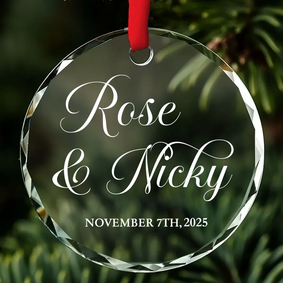 Personalized Couple Ornament with Your Names and Special Date circle glass ornament, main view