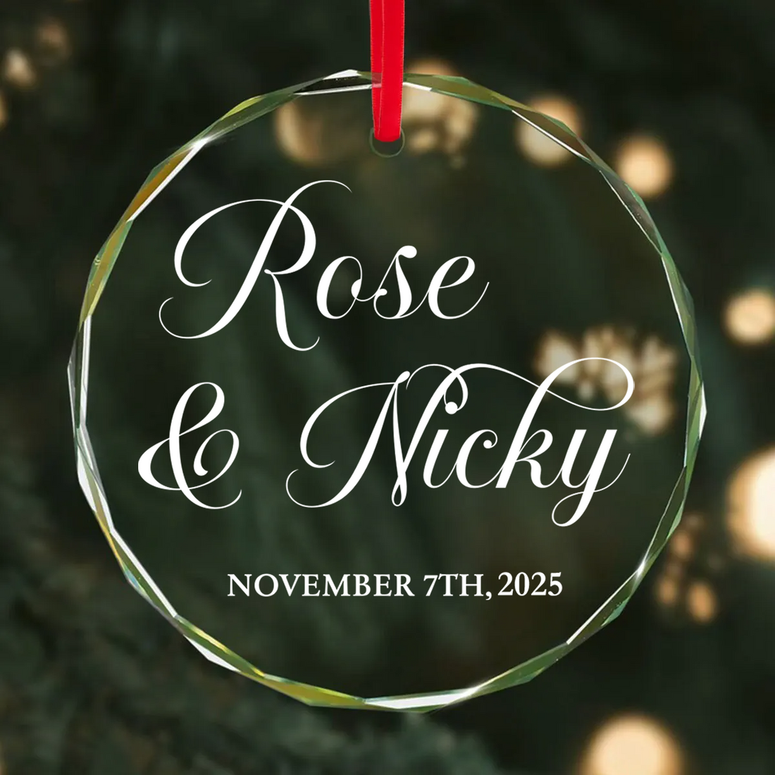 Personalized Couple Ornament with Your Names and Special Date circle glass ornament, alternate view 2