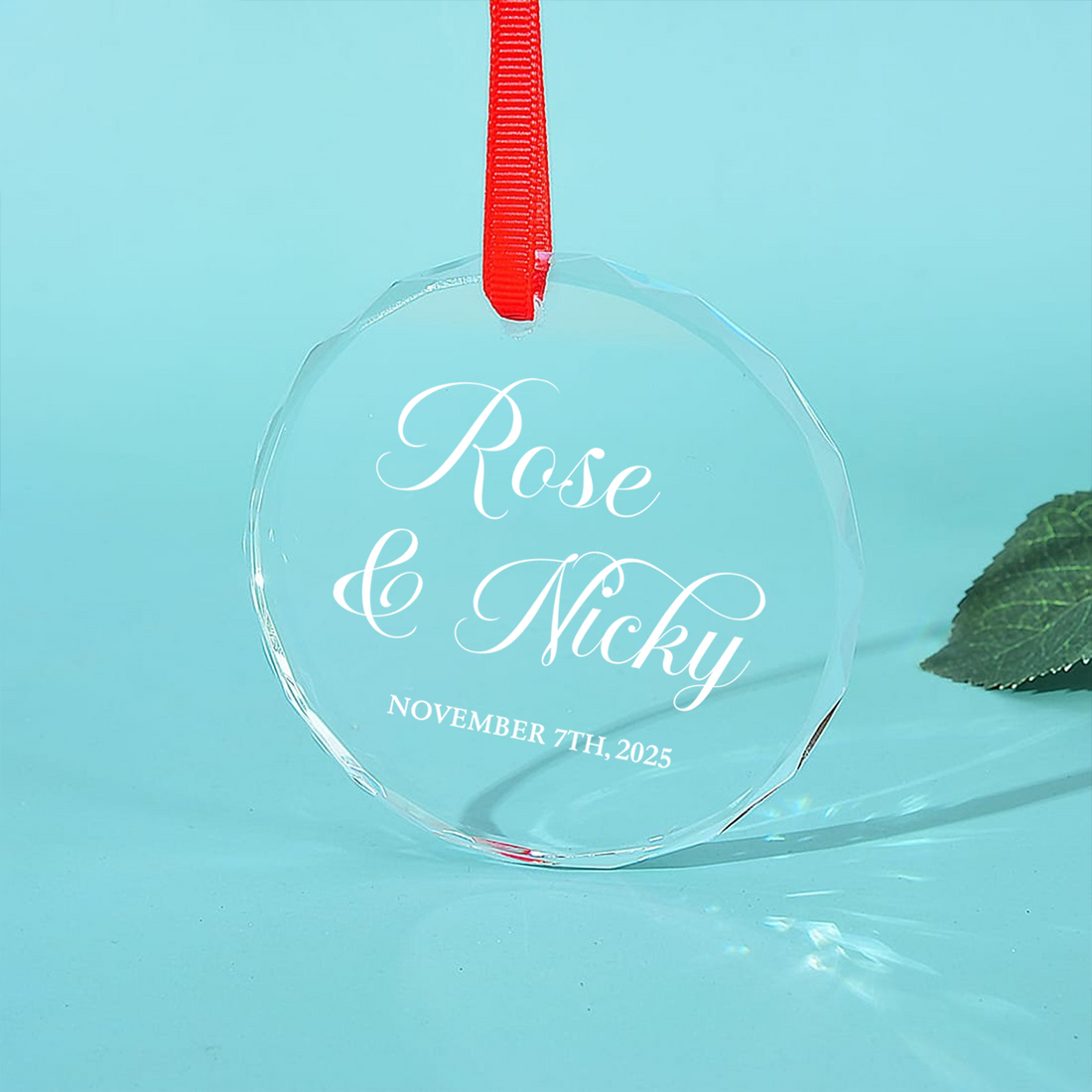 Personalized Couple Ornament with Your Names and Special Date circle glass ornament, alternate view 4