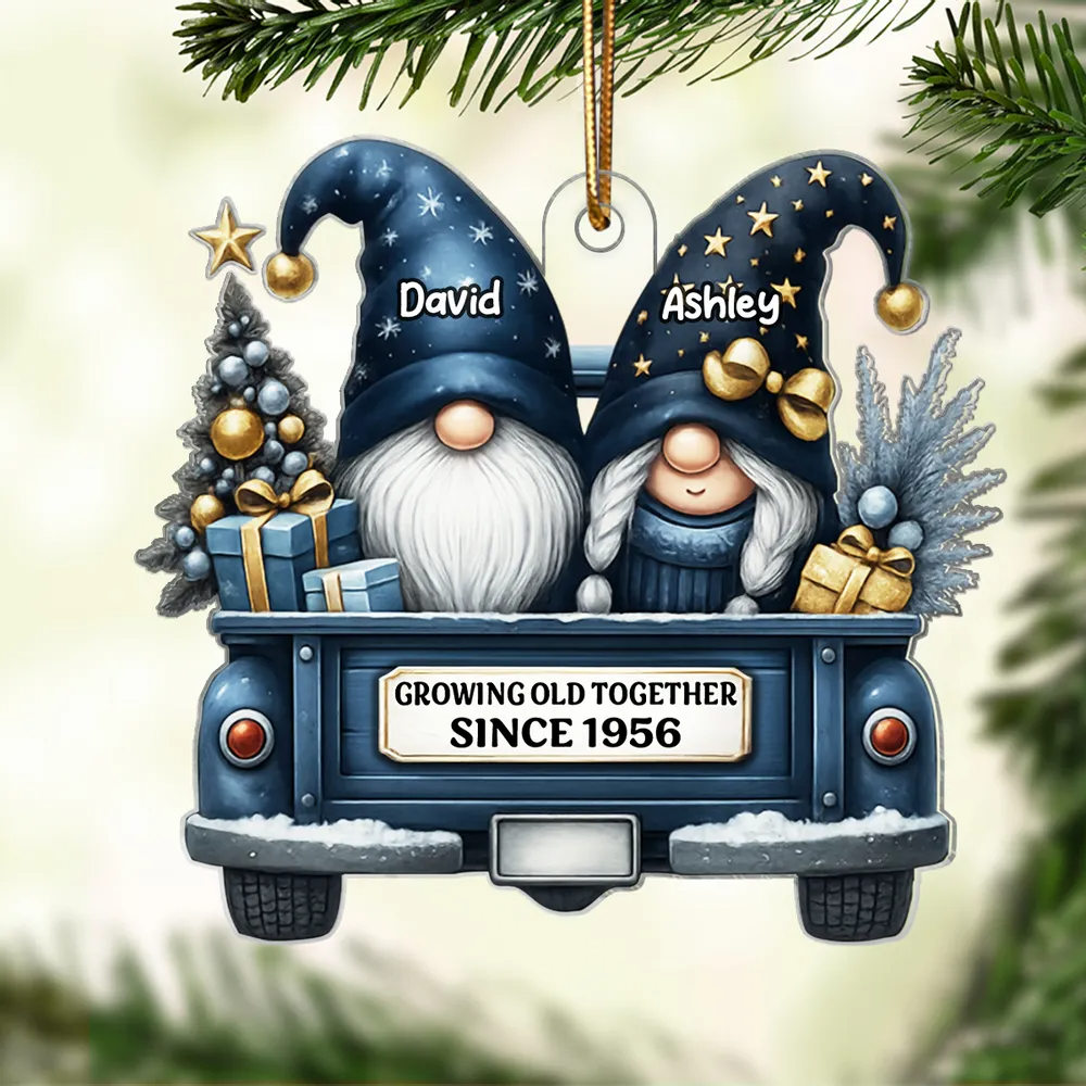 Gnome Couple Growing Old Together personalized custom shaped acrylic ornament, alternate view 2
