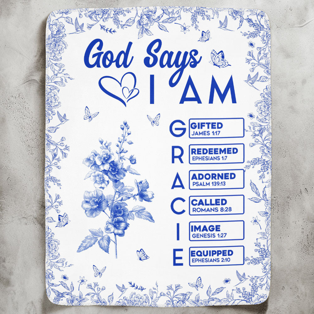 Personalized God Says I Am Name Letter In Bible Birth Flower Toile De Jou fleece blanket, soft fleece fabric close-up