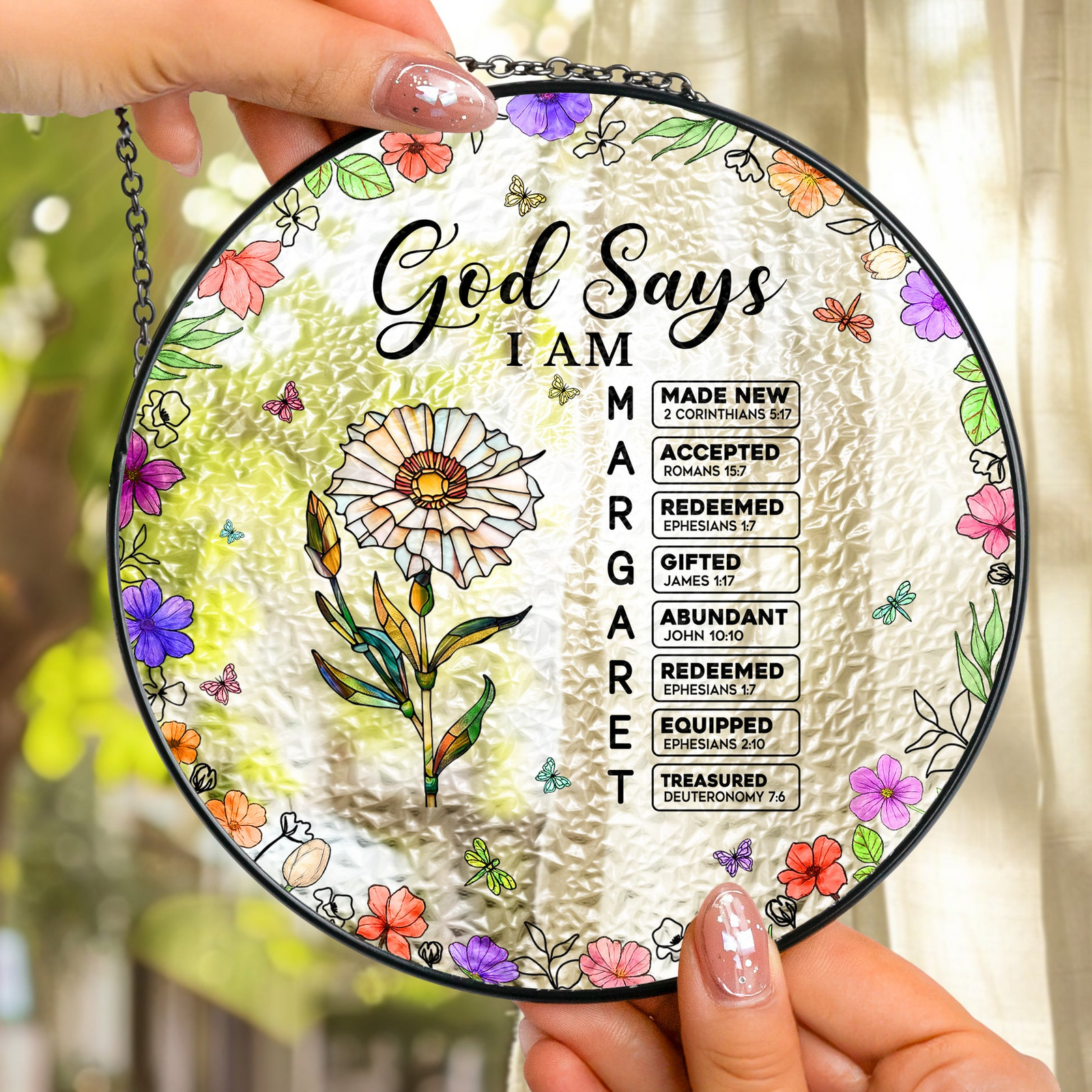 God Says I Am Name Letter In Bible - Personalized Stained Glass Window Hanging Suncatcher - Christian Gift, Bible Verses
