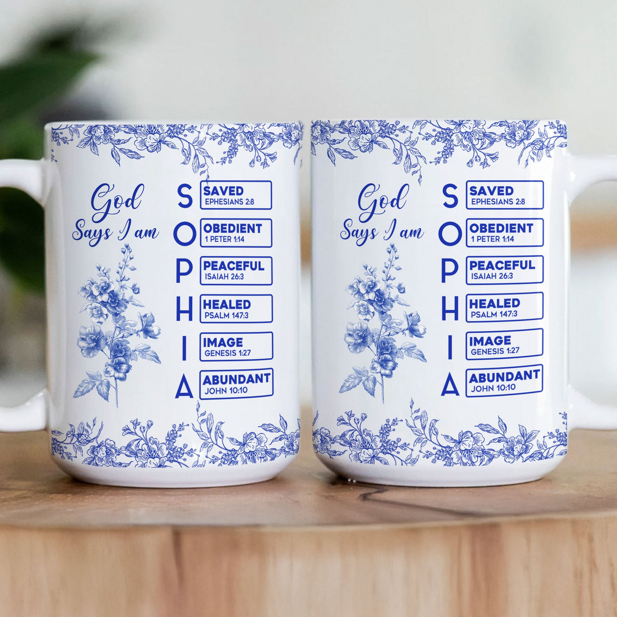God Says I Am Name Letter In Bible Birth Flower Toile De Jouy Style - Personalized Mug - Christian Gift, Bible Verses