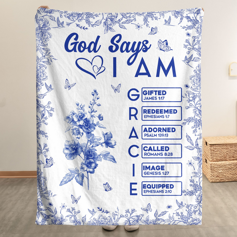 Personalized God Says I Am Name Letter In Bible Birth Flower Toile De Jou fleece blanket, product with name options