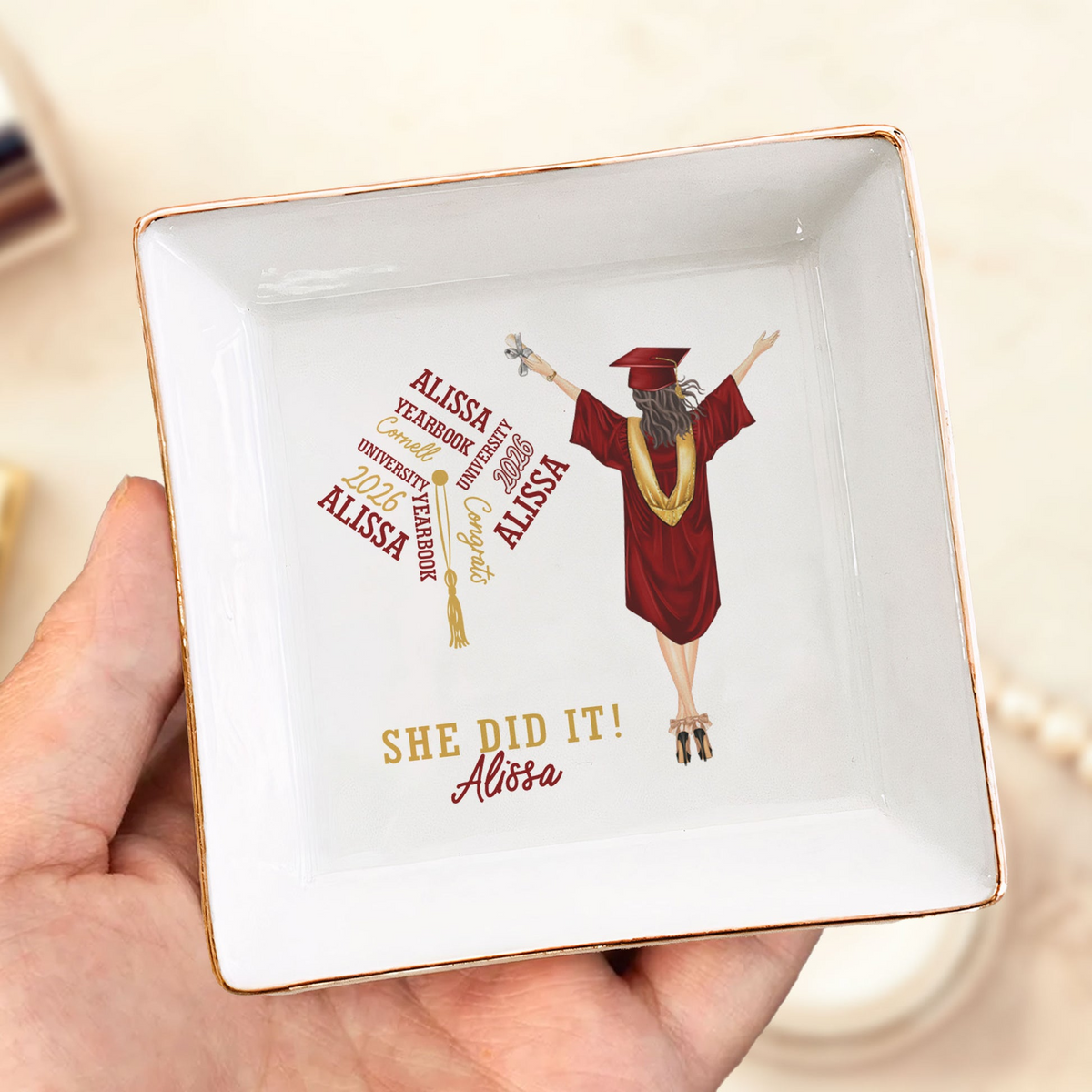 Graduation Gift She Did It - Personalized Jewelry Dish - Graduation Motivation Gift For Her/Him, Daughter/Son, Grad Ceremony, Commencement
