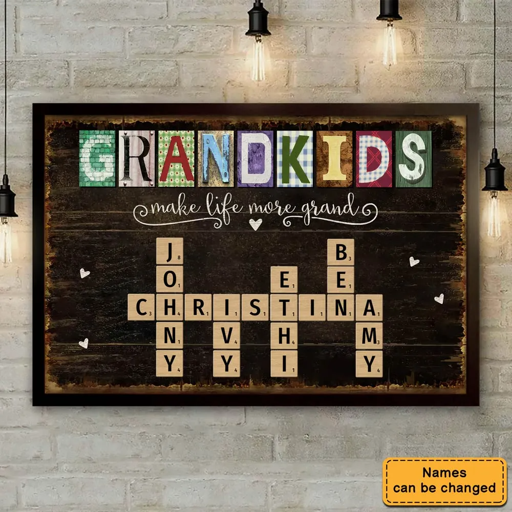 Grandma's Personalized Scrabble Canvas: Custom Grandkids Crossword Wall Art with Names - Unique Mother's Day or Birthday Gift for Nana