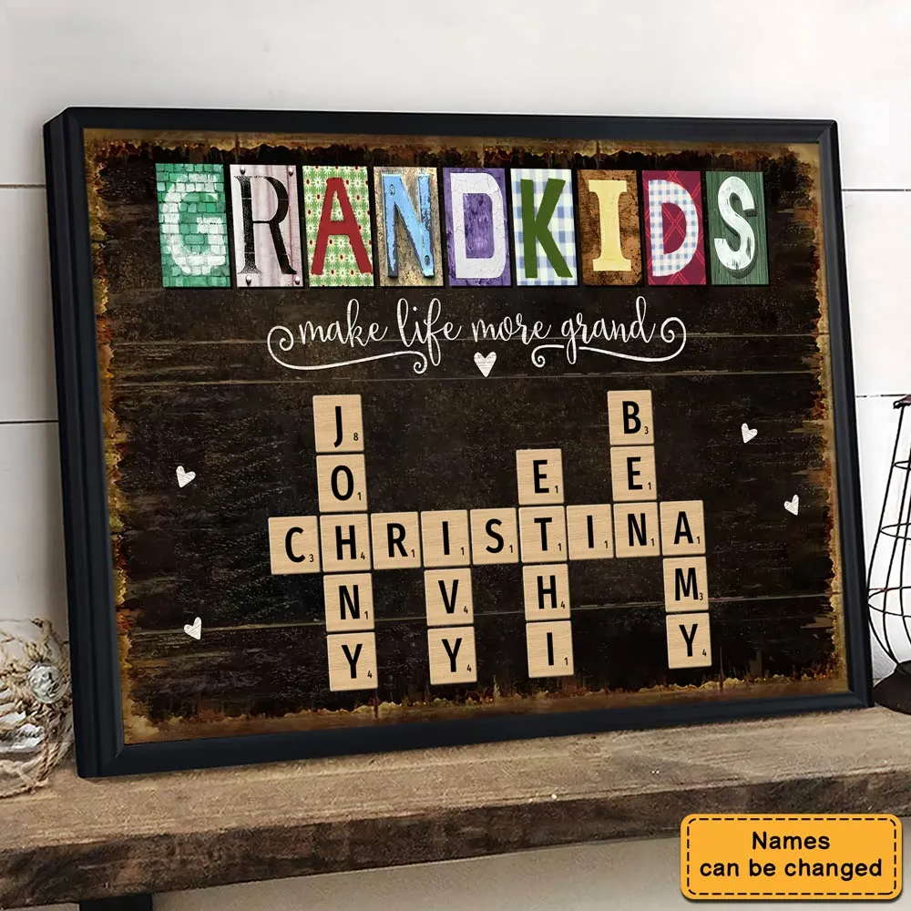 Grandma's Personalized Scrabble Canvas: Custom Grandkids Crossword Wall Art with Names - Unique Mother's Day or Birthday Gift for Nana