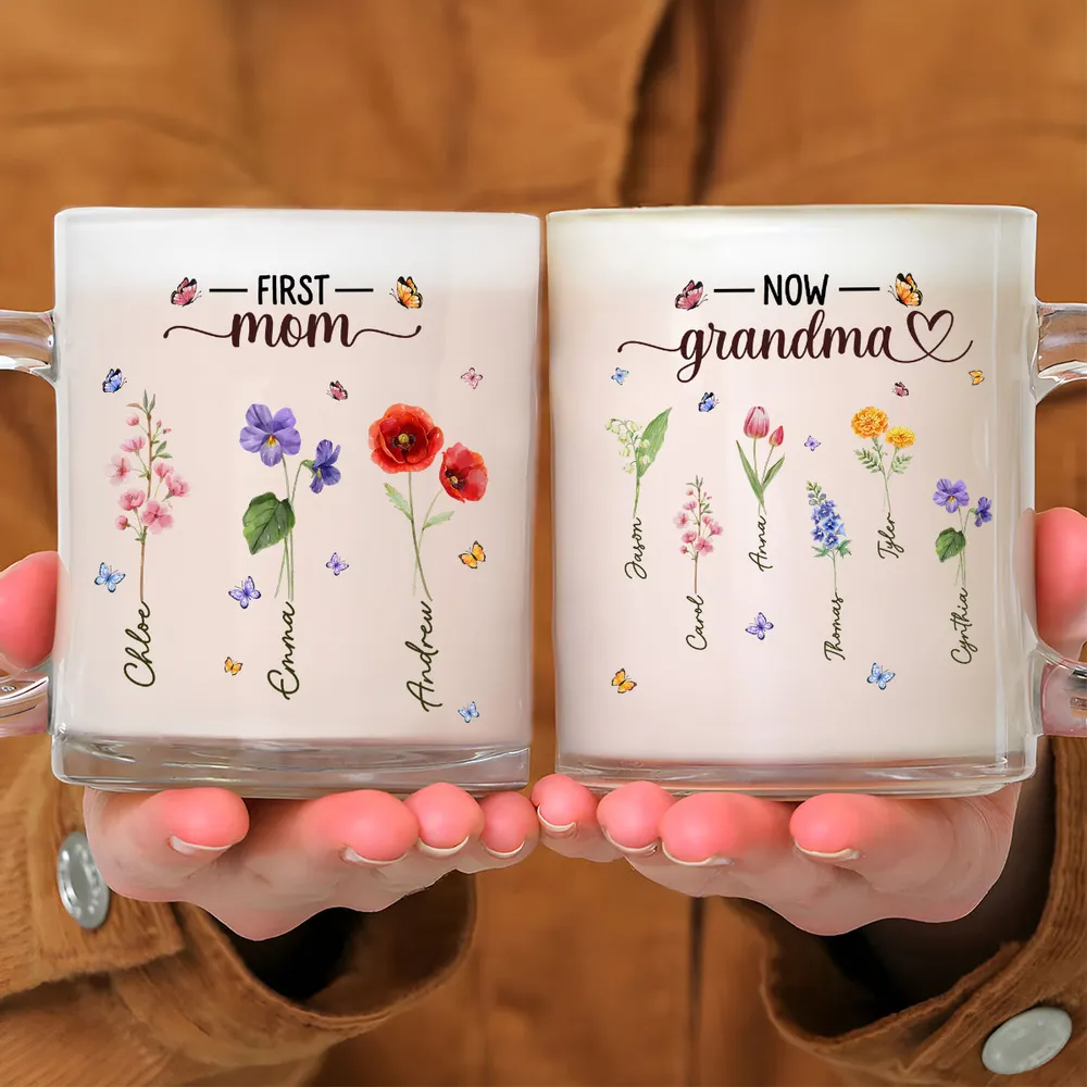 Grandma Birthmonth Flower - Personalized Custom Glass Mug - Mother's Day Gift For Grandma, Nana, Mama