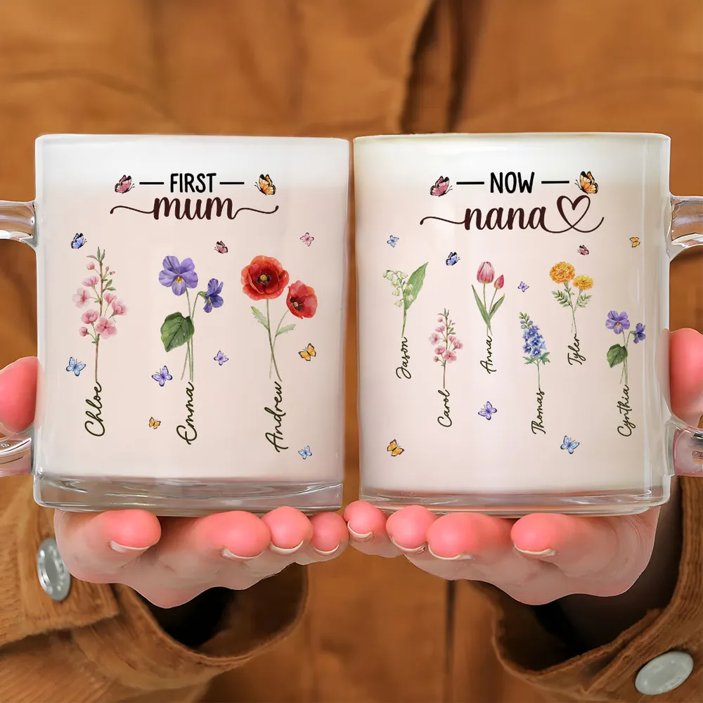 Grandma Birthmonth Flower - Personalized Custom Glass Mug - Mother's Day Gift For Grandma, Nana, Mama
