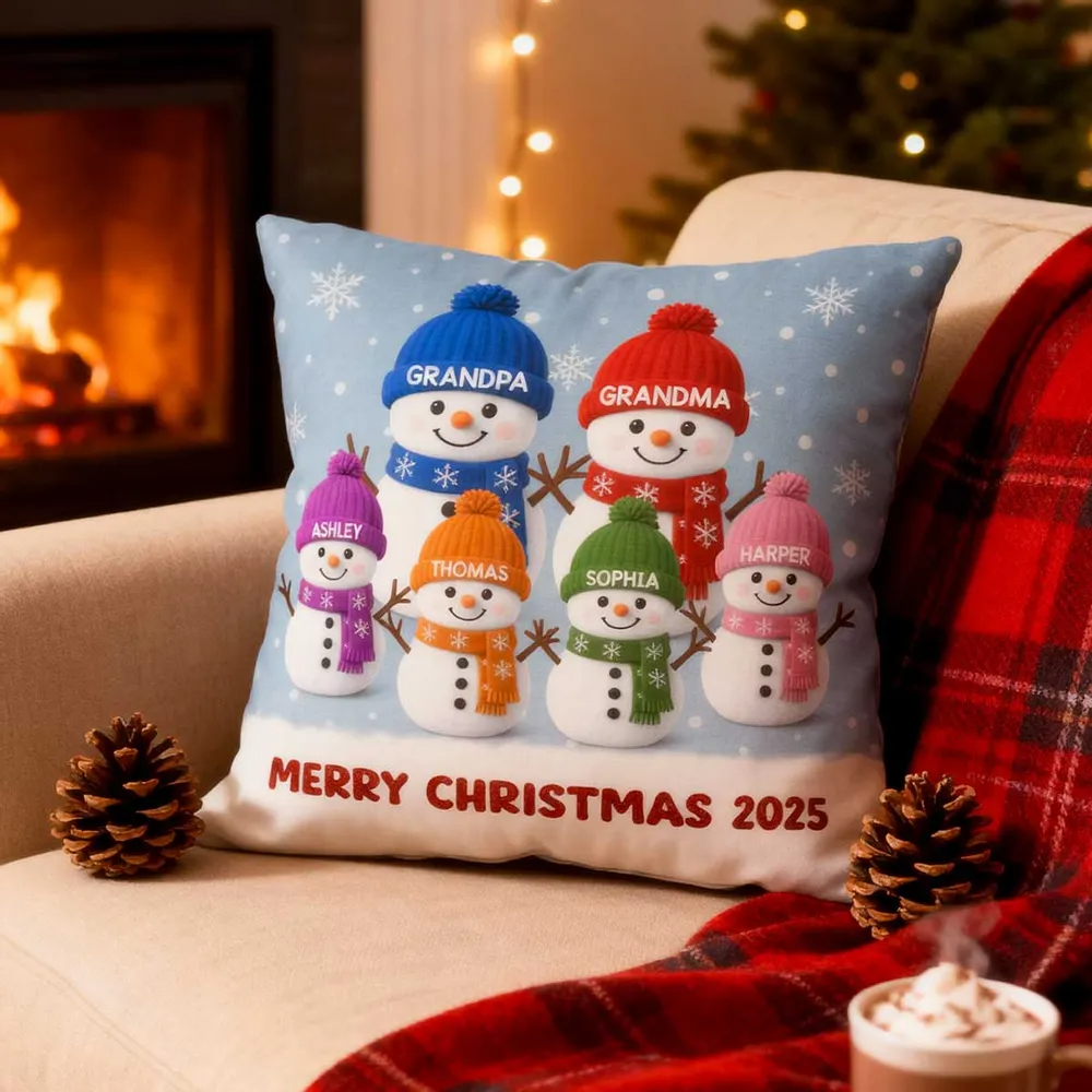 Christmas Grandma Grandkids Snowman 3D Effect - Personalized Custom Pillow - Christmas Gift for Grandma, Grandpa