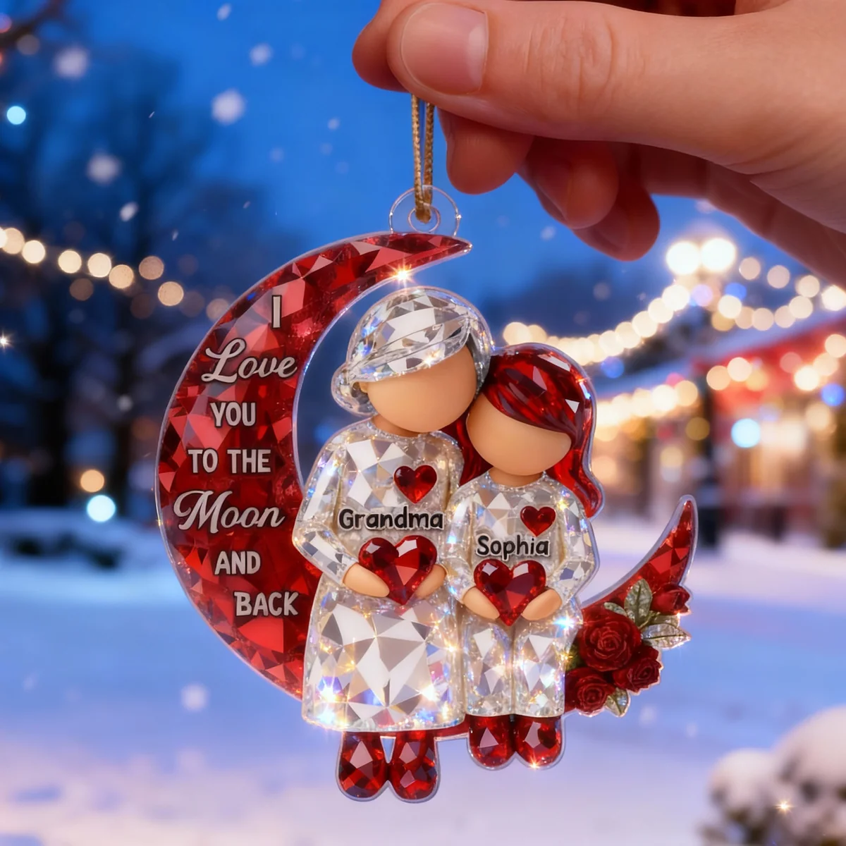 3D Crystal Effect Grandma Grandpa Grandkid Sitting on Moon - Personalized Custom Shaped Acrylic Ornament - Christmas Gift for Grandma, Grandpa, Grandkids