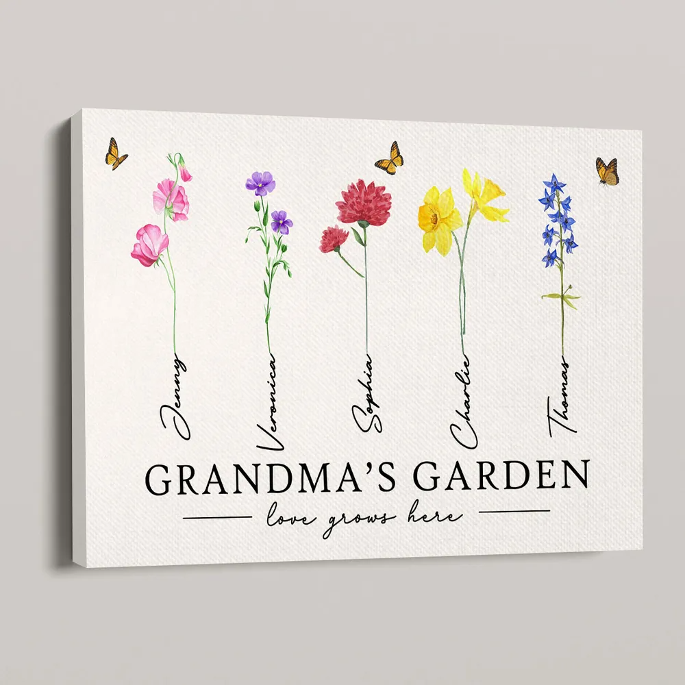 Grandma‘s Garden Love Grows Here Watercolor Birth Month Flower - Personalized Poster/Canvas - Gift For Grandma, Mom