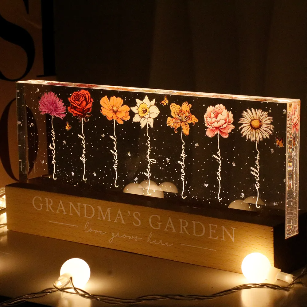 Grandma‘s Garden Birth Month Flowers - Personalized Acrylic LED Night Light - Gift For Mom, Mother, Grandma, Grandmother