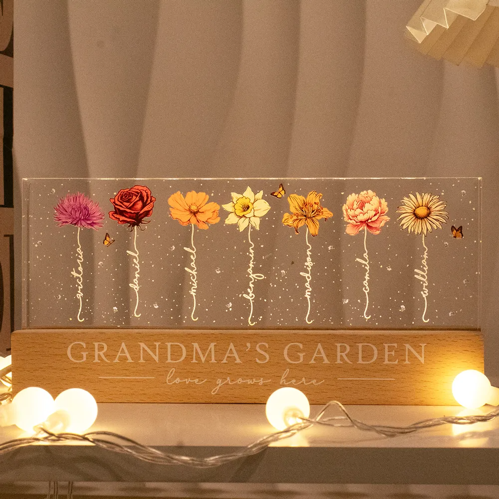 Grandma‘s Garden Birth Month Flowers - Personalized Acrylic LED Night Light - Gift For Mom, Mother, Grandma, Grandmother