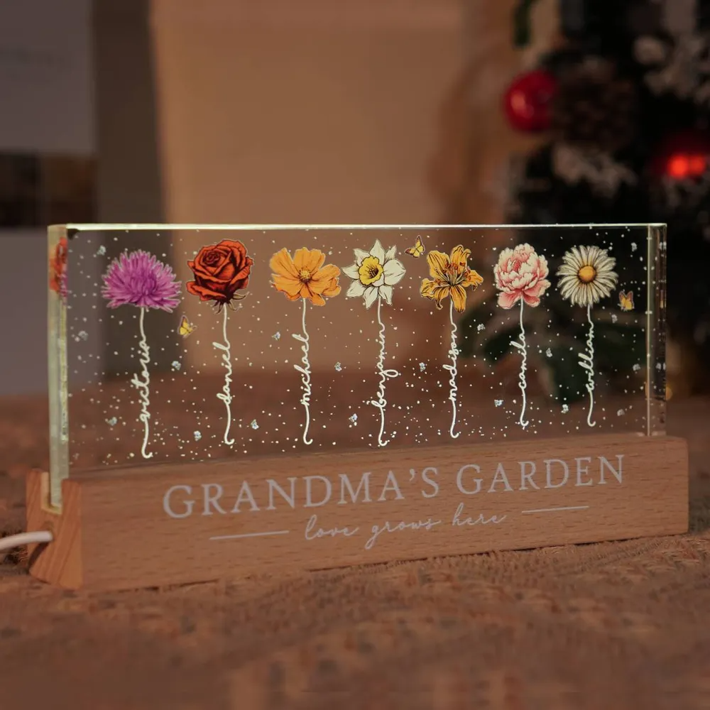 Grandma‘s Garden Birth Month Flowers - Personalized Acrylic LED Night Light - Gift For Mom, Mother, Grandma, Grandmother