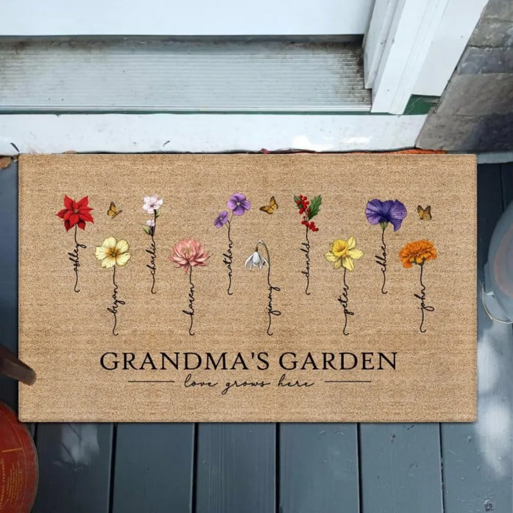 Grandma‘s Garden Love Grows Here Vintage Birth Flower personalized doormat, alternate view 2