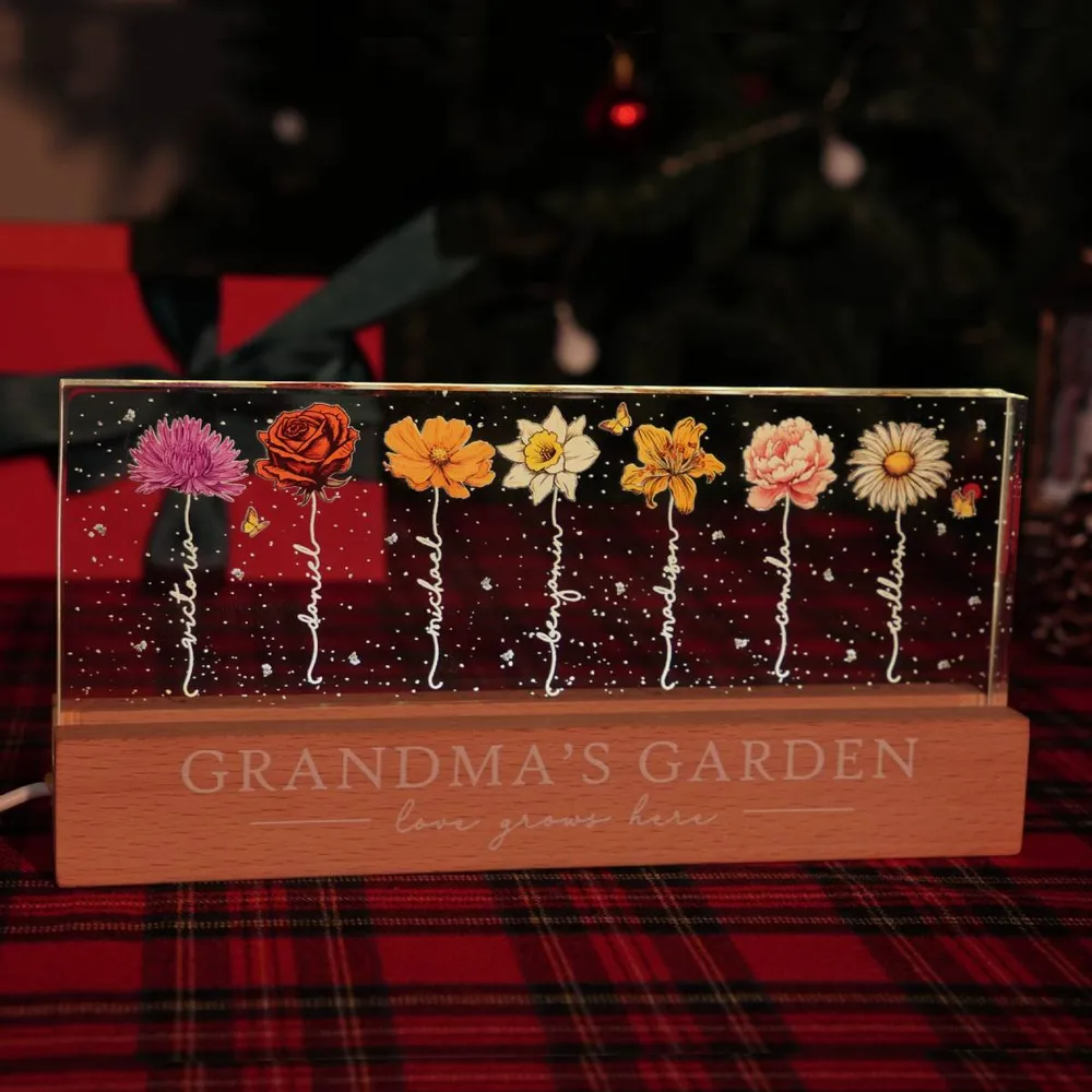 Grandma‘s Garden Birth Month Flowers - Personalized Acrylic LED Night Light - Gift For Mom, Mother, Grandma, Grandmother