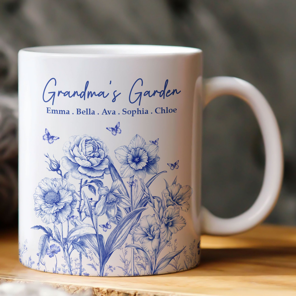 Custom Birth Flower Mug for Mom or Grandma: Personalized "Grandma's Garden" Coffee Cup - Unique Birthday, Mother's Day, or Christmas Gift