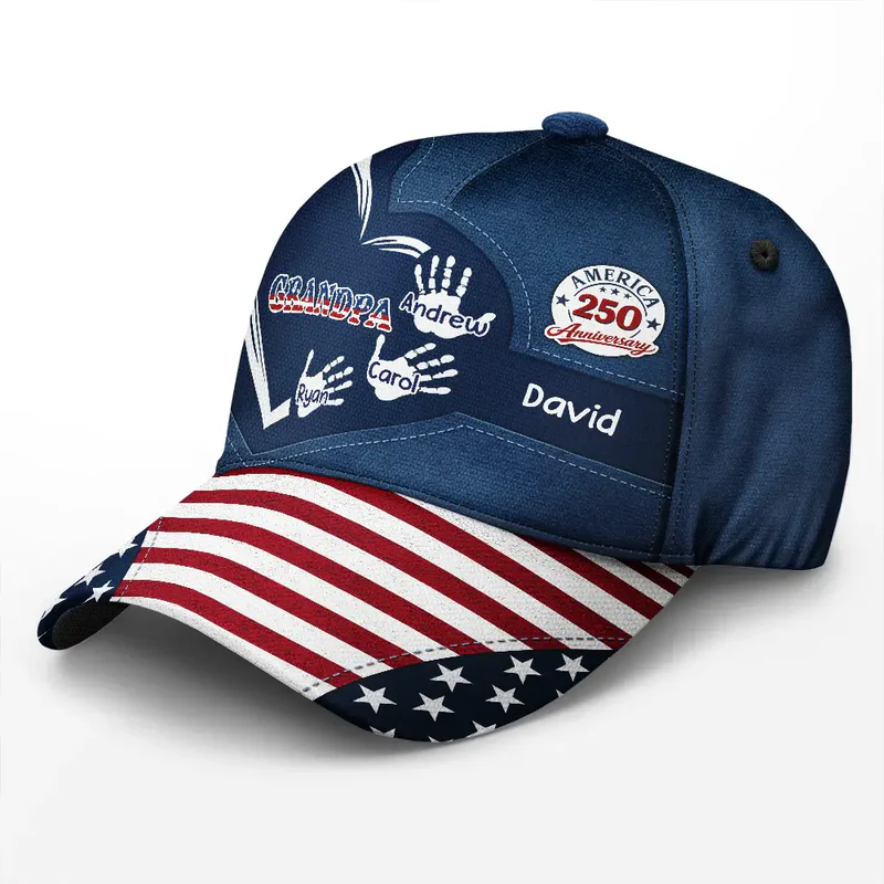 America 250th Anniversary Grandpa Dad Kids Handprints - Personalized Classic Cap - Gift For Dad, Papa, Grandpa
