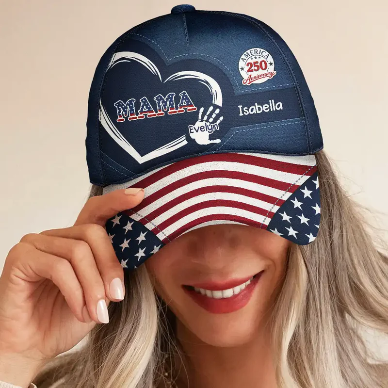 America 250th Anniversary Grandpa Dad Kids Handprints - Personalized Classic Cap - Gift For Dad, Papa, Grandpa