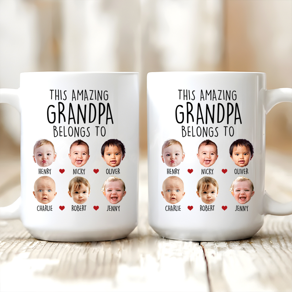 Custom Grandpa Mug with Grandkids' Faces: Personalized "Belongs To" Photo Coffee Cup (Up to 8 Kids) - Meaningful Father's Day or Birthday Gift