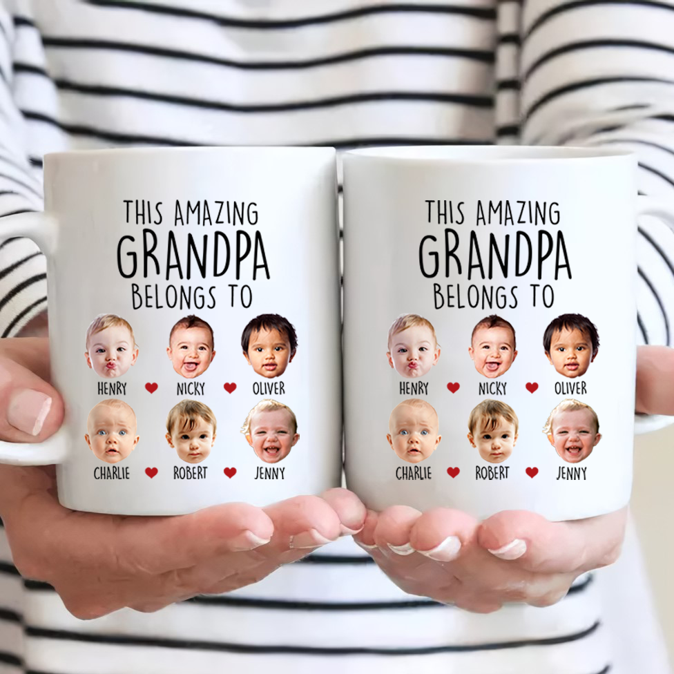 Custom Grandpa Mug with Grandkids' Faces: Personalized "Belongs To" Photo Coffee Cup (Up to 8 Kids) - Meaningful Father's Day or Birthday Gift