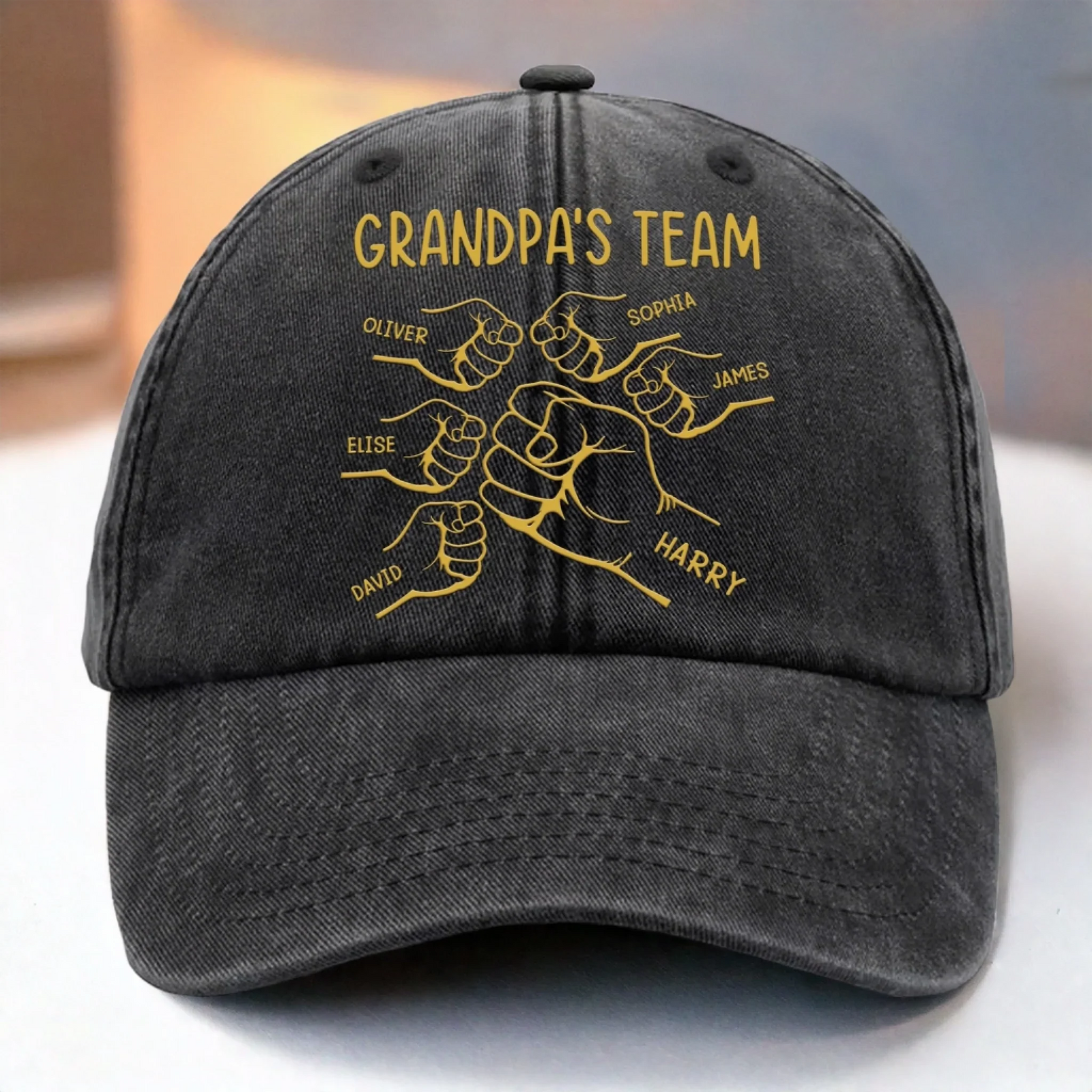 Grandpa's Team - Personalized Custom Vintage Washed Denim Cap - Father's Day Gift for Dad, Papa, or Grandpa