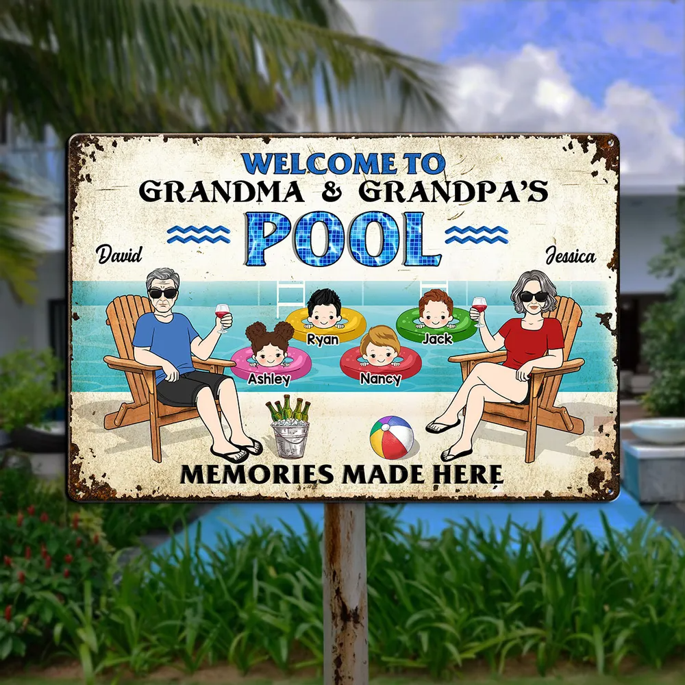 Welcome To Grandparents Pool - Personalized Metal Sign - Gift For Dad, Mom, Grandpa, Grandma