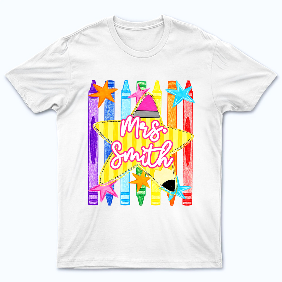 Striped Custom Teacher Name Pencil Crayons t-shirt, main view