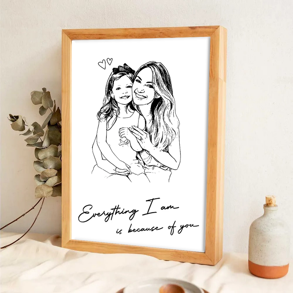 Custom Photo Mom Everything I Am Is Because Of You poster, leaning against a wall on a wooden floor
