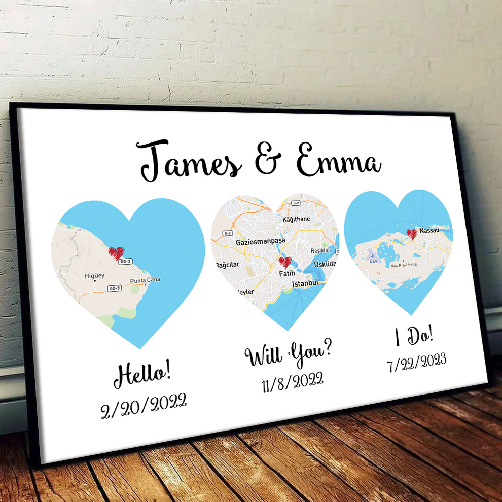 Personalized Hello canvas print, leaning against a wall on a wooden floor